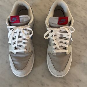 Nike White and Gray Dunk Low with Red Logo